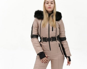 Ski suit women's beige Tan ski suit with black side lones Winter snowsuit Snow suit one piece Onsie ski suit jumpsuit Ski Outfit