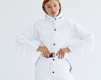 Winter clothing Ski suit white Fringed snowsuit women one piece White snowsuit womens for winter sport with fringe Warm winter suit SnowSuit