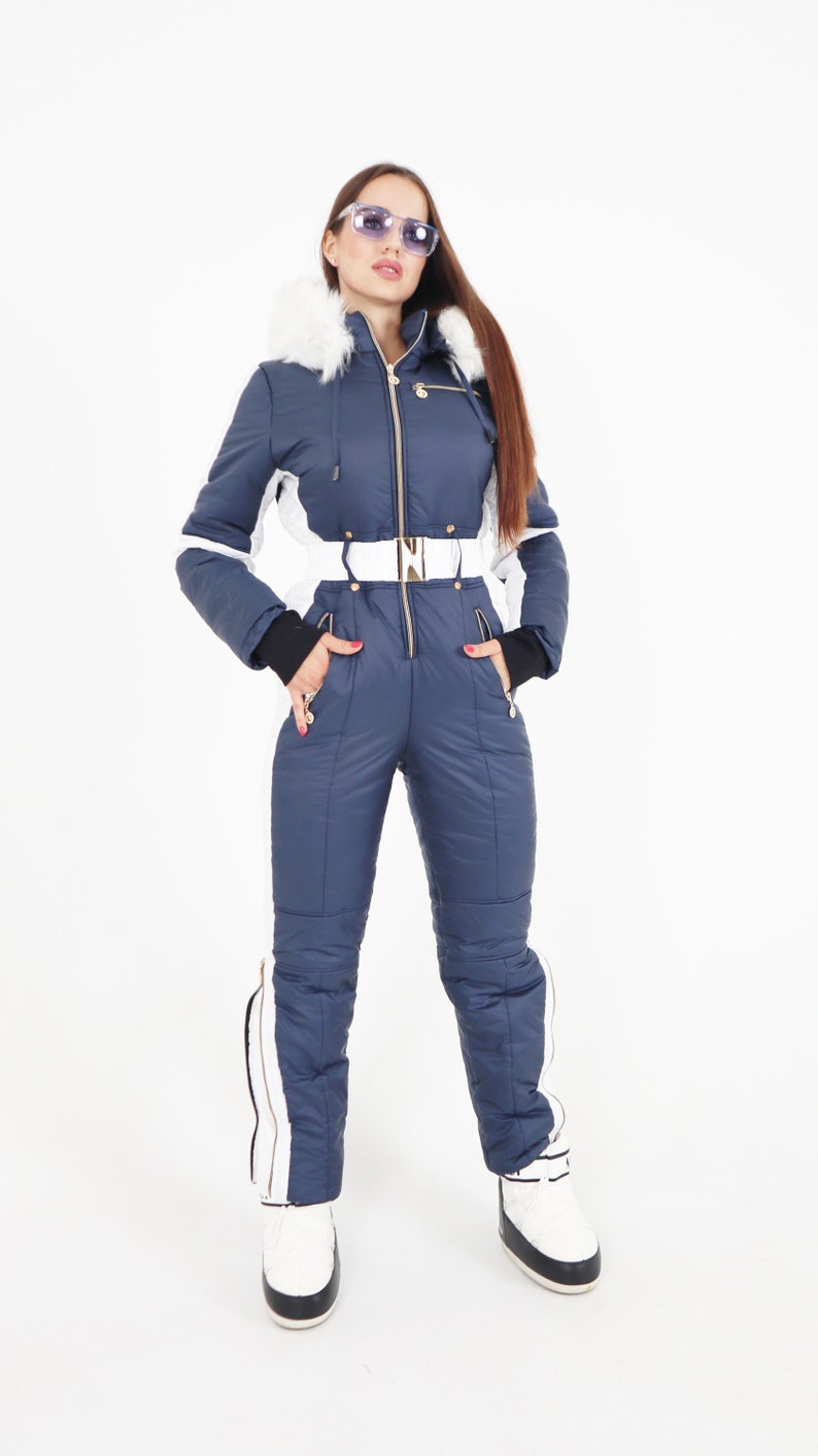 Women Ski Jumpsuit Navy Blue With White Insert Ski Overall Etsy