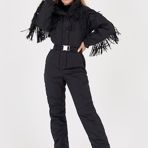 Black skisuit with fringe Woman ski suit Fringed warm jacket for winter Stylish women's snowsuit Ski jumpsuit onecie Skisuit Skianzug damen image 2