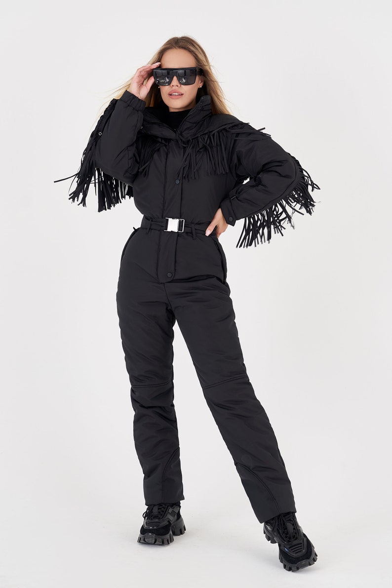 Black skisuit with fringe Woman ski suit Fringed warm jacket for winter Stylish women's snowsuit Ski jumpsuit onecie Skisuit Skianzug damen image 2