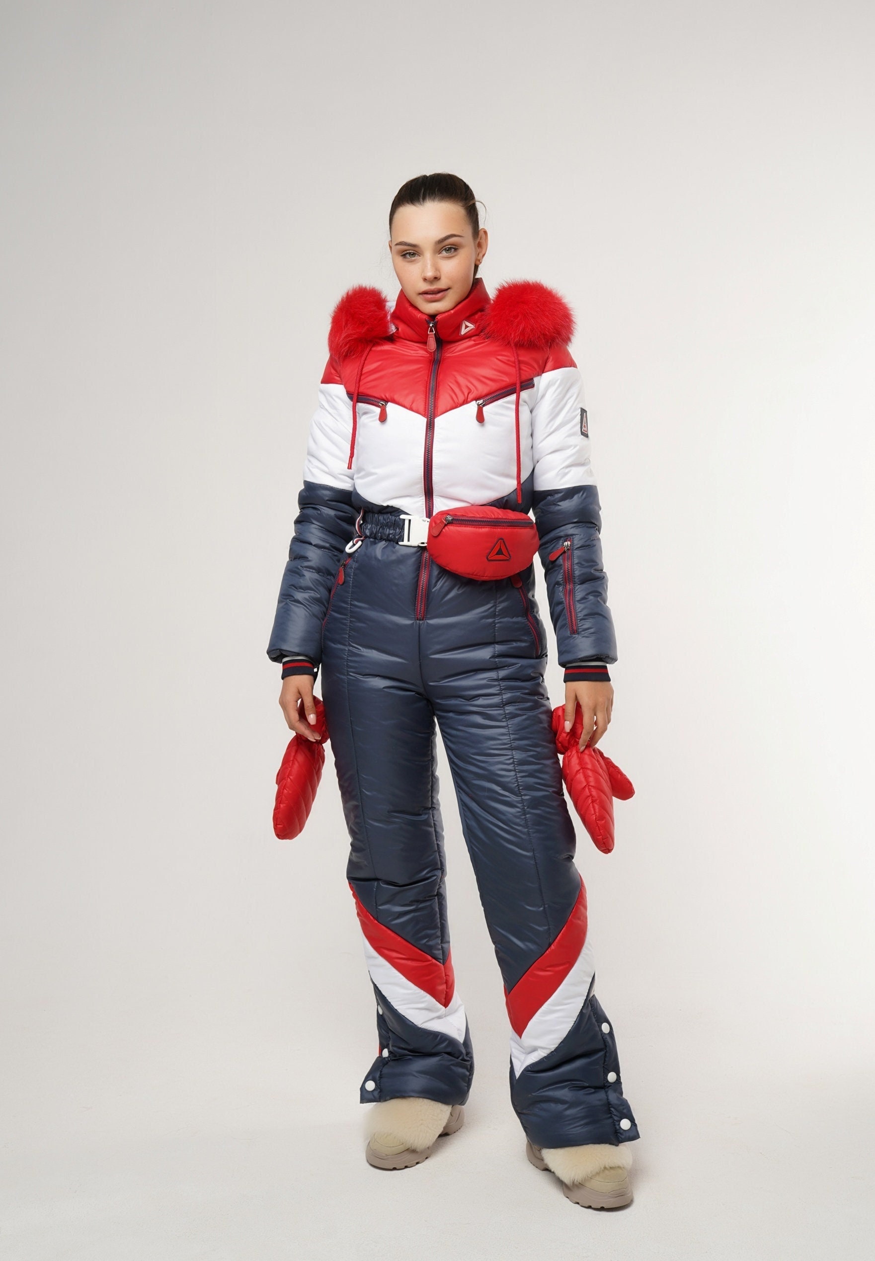 Skianzug Damen rot blau Skianzug Damen Skioverall Schneeanzug Damen Schwarzer Schneeanzug Schneeanzug Damen mit lustigem Rucksack und Fäustlingen
