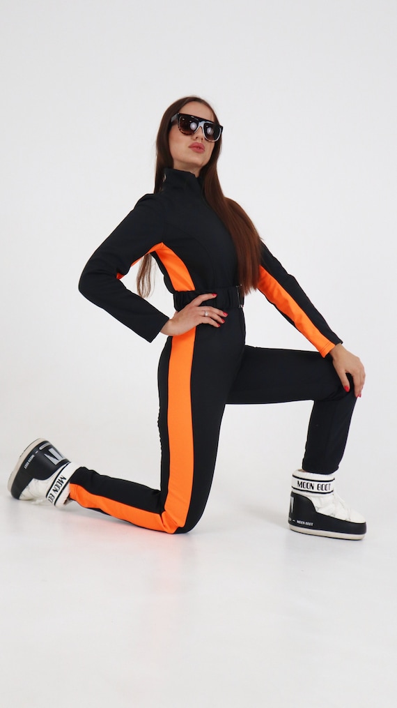 S L Ready Women Ski Jumpsuit Black Orange Stripes Ski Etsy