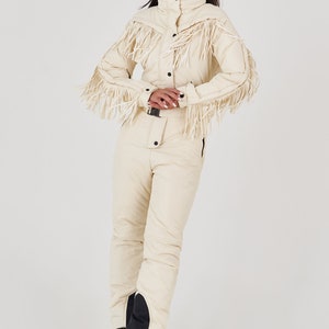 Ivory one piece fringe ski suit Ski jumpsuit woman Winter snowsuit Winter pants onesie ski suit Present for girlfriend image 6