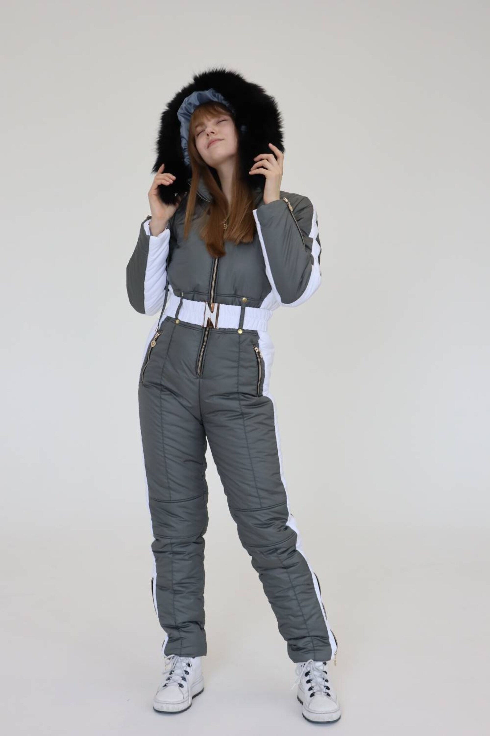 Damen Ski Jumpsuit grau mit weißer Einlage Ski overall hell Etsy