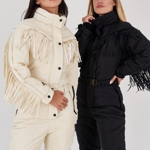 Black skisuit with fringe Woman ski suit Fringed warm jacket for winter Stylish women's snowsuit Ski jumpsuit onecie Skisuit Skianzug damen image 7