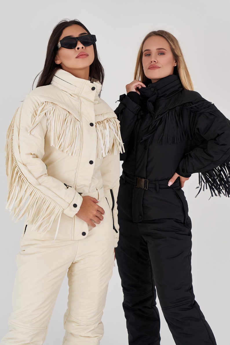 Black skisuit with fringe Woman ski suit Fringed warm jacket for winter Stylish women's snowsuit Ski jumpsuit onecie Skisuit Skianzug damen image 7