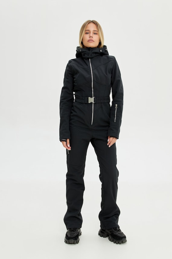 Women Ski Jumpsuit Black Waterproof Slim Ski Suit Skinny Ski One