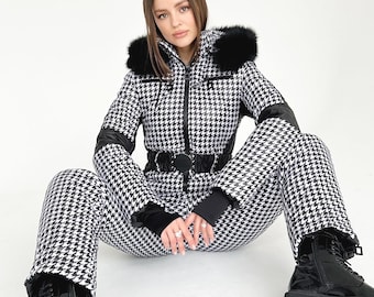 Women Ski jumpsuit houndstooth pattern Ski suit woman one piece Fashion snowboarding suit Snow suit for women jumpsuit black