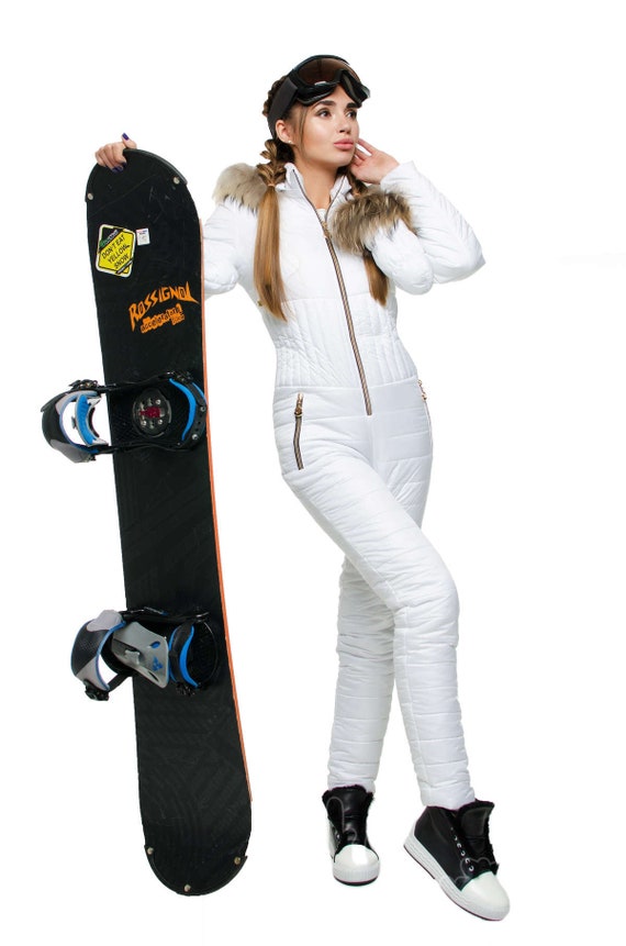white ski overalls