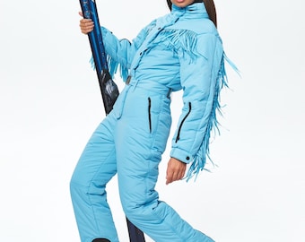 Baby blue fringed skisuit for women one piece Blue snowsuit woman for winter sport with fringe Warm winter onsie suit overall Skisuit onesie