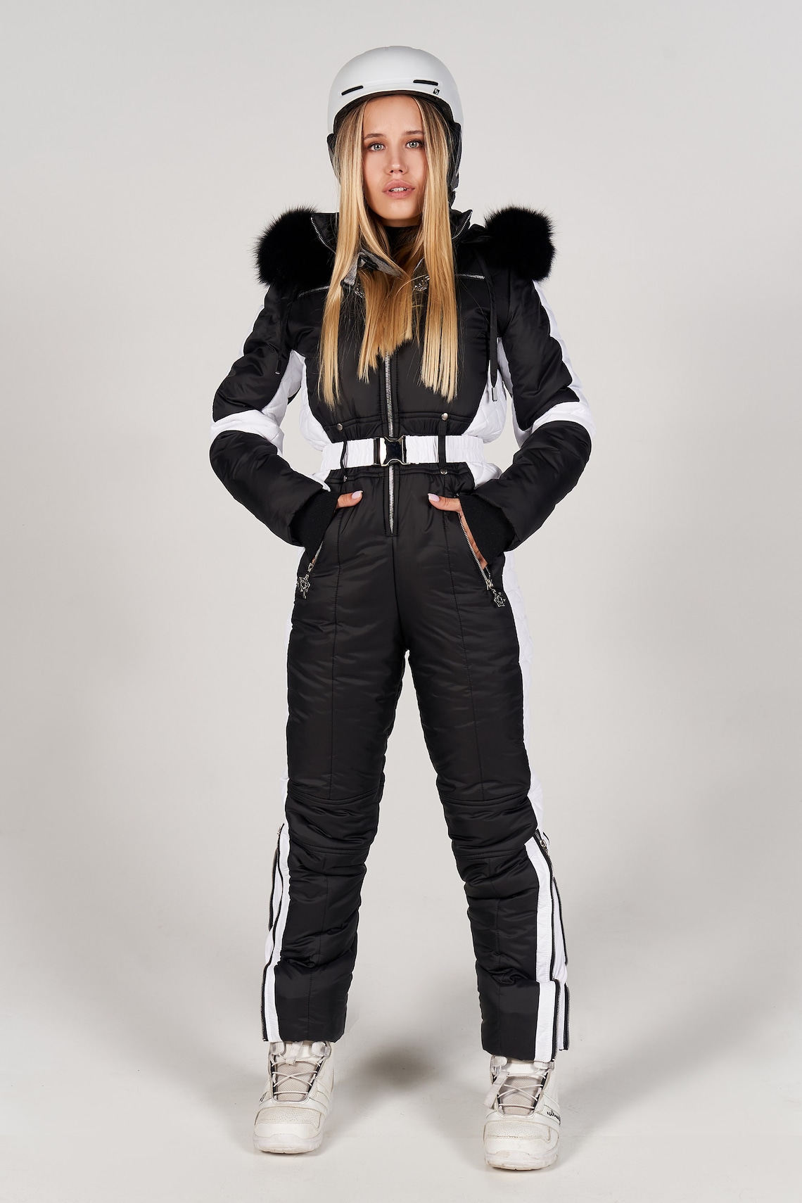 Women Ski jumpsuit black with white insert Ski overall bright Etsy