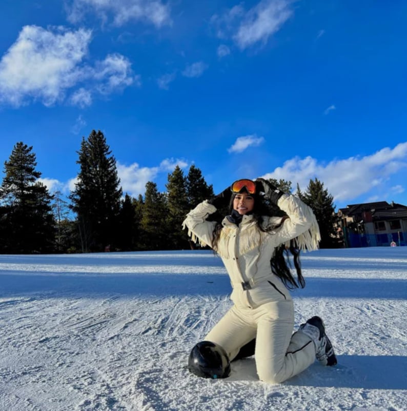 Ivory one piece fringe ski suit Ski jumpsuit woman Winter snowsuit Winter pants onesie ski suit Present for girlfriend image 9