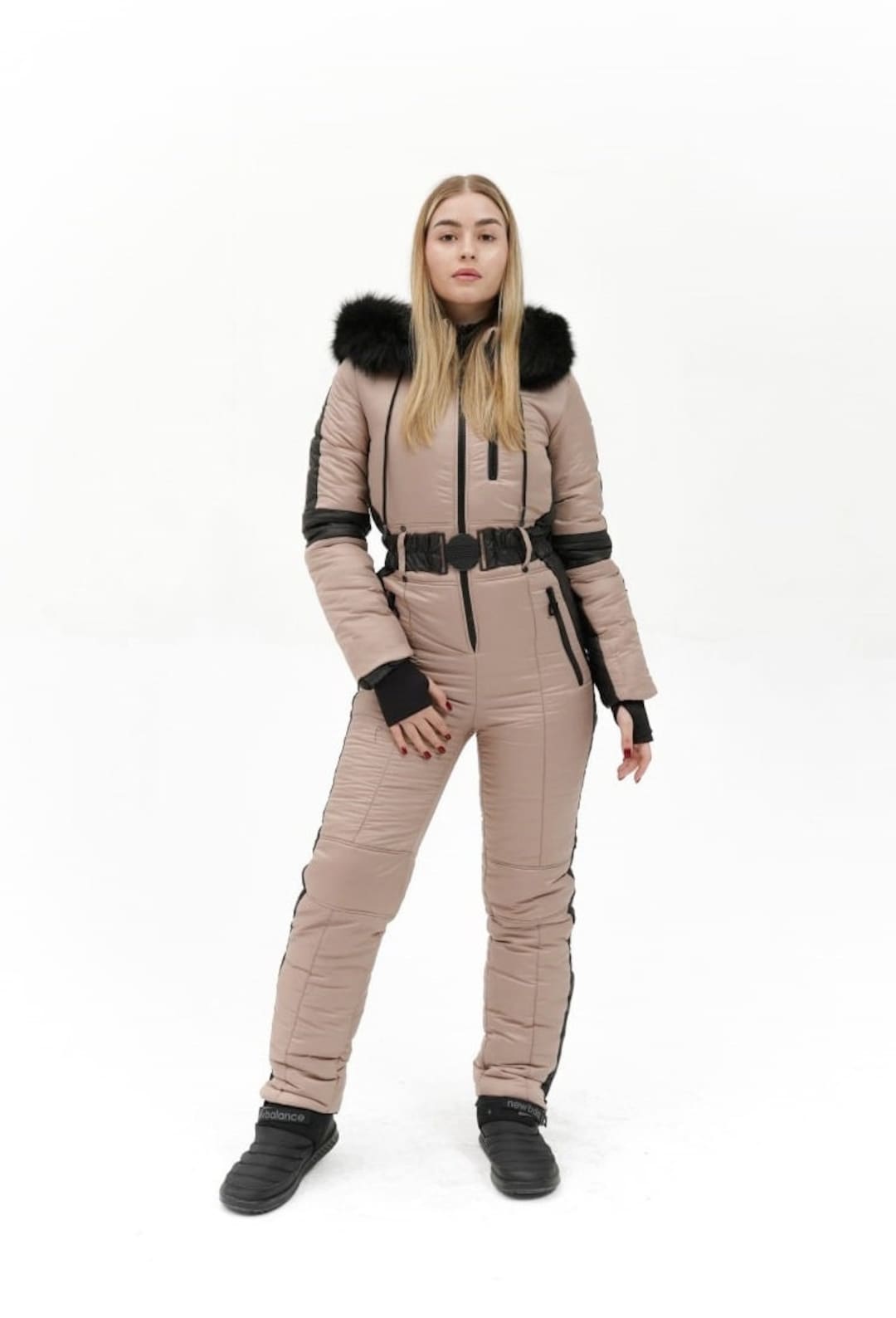 Ski Suit Women's Beige Tan Ski Suit With Black Side Lones Winter