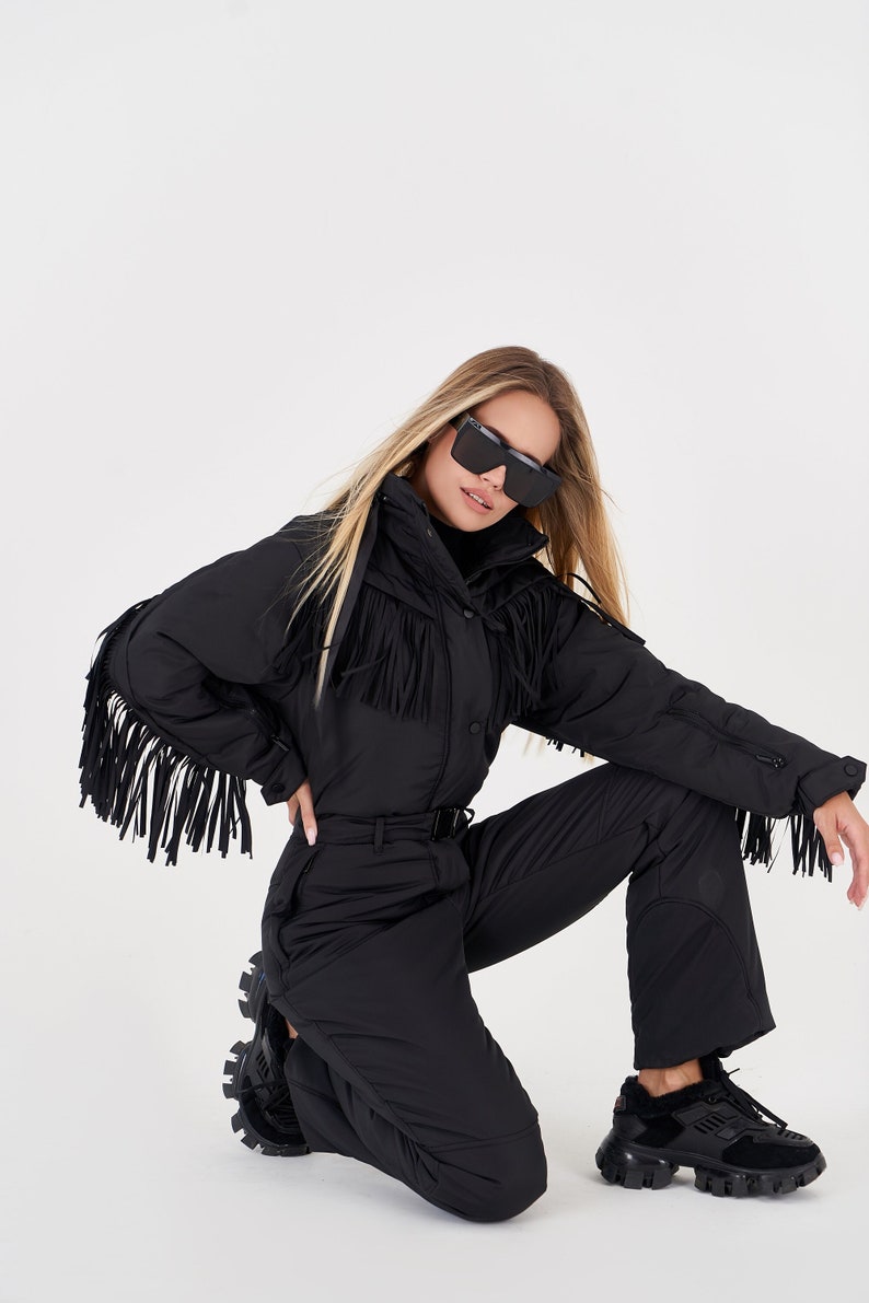 Black skisuit with fringe Woman ski suit Fringed warm jacket for winter Stylish women's snowsuit Ski jumpsuit onecie Skisuit Skianzug damen image 1