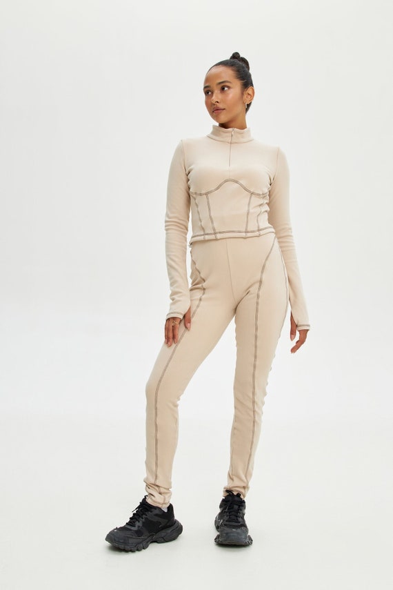 Base Layers Ski Thermal Underwear Two Piece Set for Women Beige