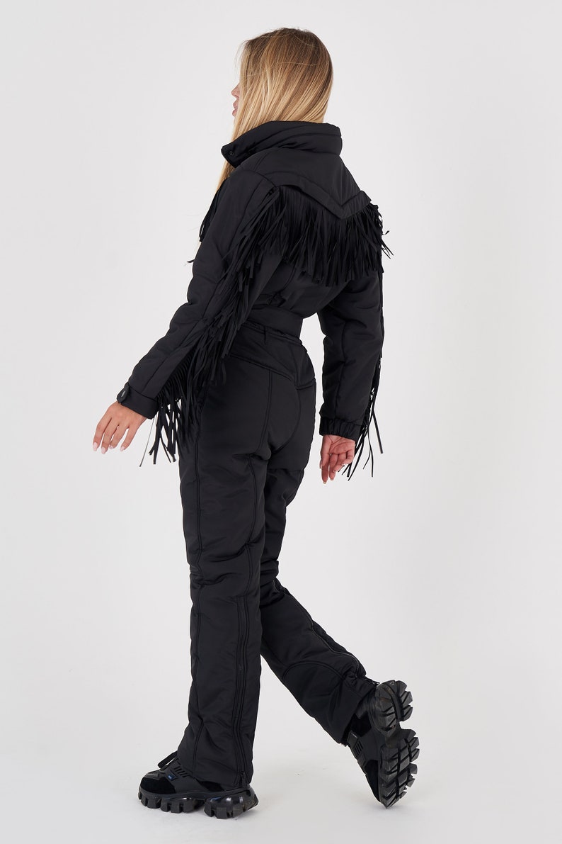 Black skisuit with fringe Woman ski suit Fringed warm jacket for winter Stylish women's snowsuit Ski jumpsuit onecie Skisuit Skianzug damen image 6