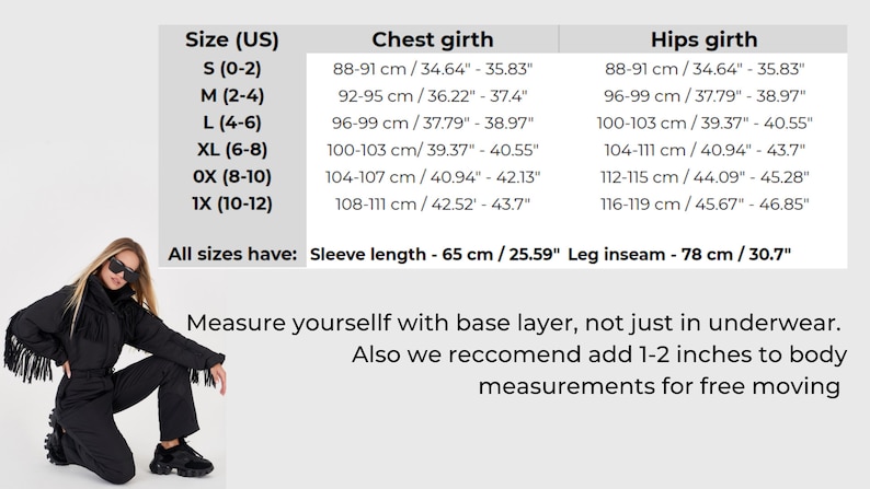 May include: Size chart for a black jumpsuit with fringe detailing. The chart lists sizes from S to 1X, with corresponding chest and hip measurements in inches and centimeters.