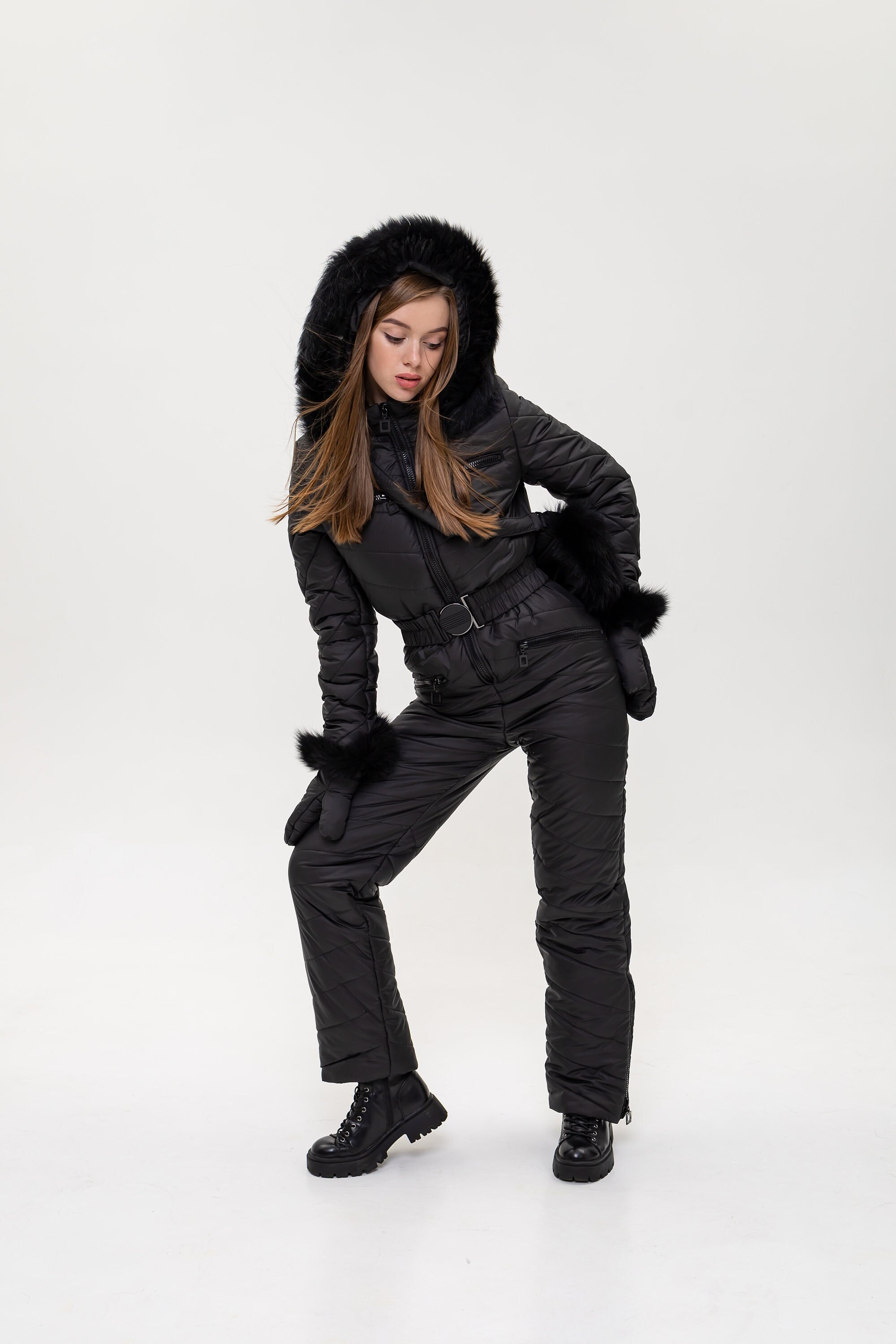 Women Ski Jumpsuit Black With White Insert Ski Suit Women's One