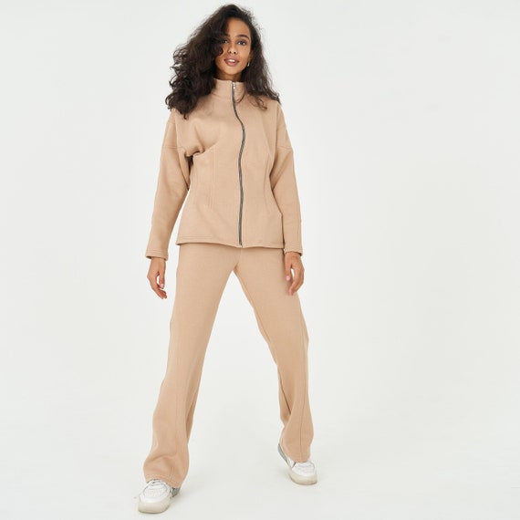 Comfy Winter Clothing Camel Brown Womens Fleece 2 Piece Outfits