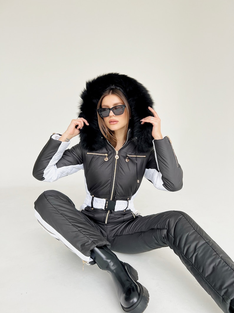 Women Ski jumpsuit black with white insert Ski suit women's one piece Fashion snowboarding suit Snow suit for women jumpsuit image 9