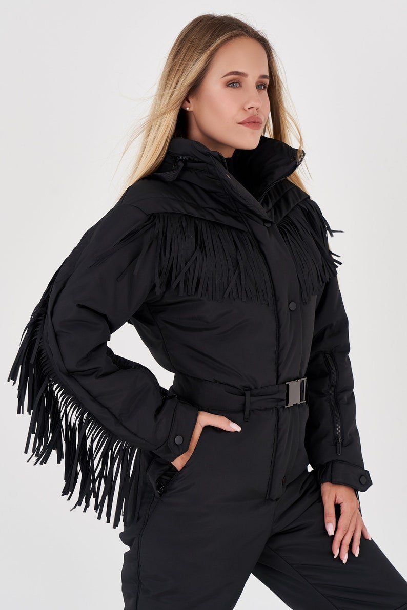 Black skisuit with fringe Woman ski suit Fringed warm jacket for winter Stylish women's snowsuit Ski jumpsuit onecie Skisuit Skianzug damen image 5