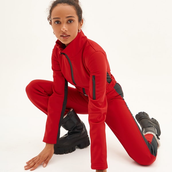 Vrouw ski-jumpsuit rood met zwarte strepen Helder skipak één stuk slim fit jumpsuit jaren '80 Skikleding Skinny broek skipak Slanke broek onesie