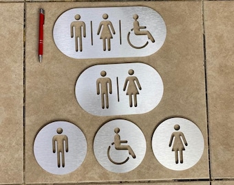 Laser Cut Metal Restroom Sign Set: Modern Silver WC Logo
