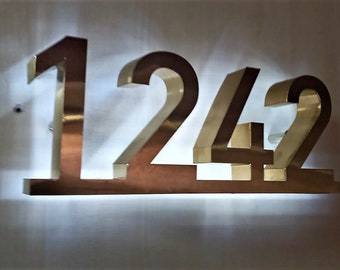 Custom LED House Number Sign, Address plaque Brushed Metal, Address Sign, House Number Sign, LED Backlit Numbers Brushed Gold StainlessSteel
