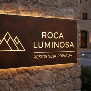 Op de afbeelding: Een rechthoekig donkerbruin metalen bord met een verlichte berggrafiek en de tekst "ROCA LUMINOSA" boven "RESIDENCIA PRIVADA" in witte letters. Het bord is bevestigd aan een lichtgekleurde stenen muur met warm licht dat van achter de randen schijnt.