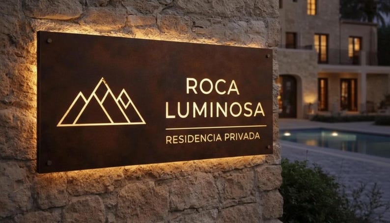 Op de afbeelding: Een rechthoekig donkerbruin metalen bord met een verlichte berggrafiek en de tekst "ROCA LUMINOSA" boven "RESIDENCIA PRIVADA" in witte letters. Het bord is bevestigd aan een lichtgekleurde stenen muur met warm licht dat van achter de randen schijnt.
