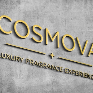 May include: A three-dimensional wall sign featuring the gold-colored text COSMOVA in a clean sans-serif font. Below the main word, a horizontal line, a small four-pointed star, and another line appear above the text LUXURY FRAGRANCE EXPERIENCES.