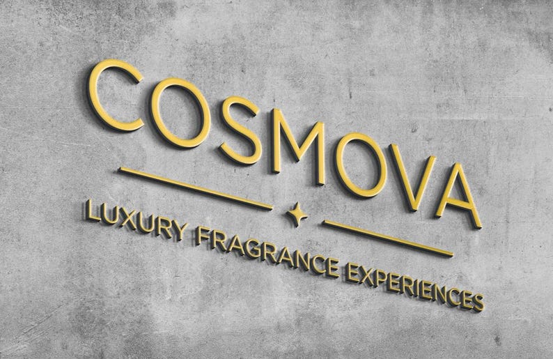 May include: A three-dimensional wall sign featuring the gold-colored text COSMOVA in a clean sans-serif font. Below the main word, a horizontal line, a small four-pointed star, and another line appear above the text LUXURY FRAGRANCE EXPERIENCES.