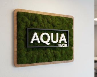 Enseigne avec logo mousse véritable, enseigne logo mousse personnalisée, enseigne avec mousse pour entreprise, enseigne logo mousse personnalisée, enseigne avec logo mousse pour décoration murale de bureau, boutique Biophilia