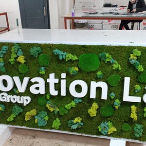 May include: A rectangular sign featuring a vibrant green moss background with various shades of preserved moss clusters. The white 3D lettering reads Innovation Lab By Volvo Group, mounted prominently against the textured natural moss surface.