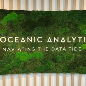 May include: A rectangular wall sign featuring a dense, textured green moss background. The sign displays the white text "OCEANIC ANALYTICS" above the phrase "NAVIATING THE DATA TIDE" and a circular icon containing a stylized wave graphic.