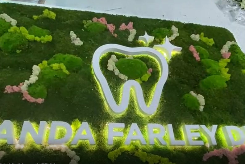 May include: A rectangular wall sign featuring a dark green moss background decorated with small clusters of light green, white, and pink moss. A large white tooth icon and the white text "ANDA FARLEY D" are illuminated with a warm yellow backlight.