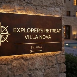 Op de afbeelding: Een rechthoekig donkerbruin metalen bord met verlichte randen gemonteerd op een stenen muur. Het bord bevat een witte kompasroosafbeelding, de tekst "EXPLORER'S RETREAT VILLA NOVA", de tekst "Est. 2024" en een kleine pijl naar rechts.
