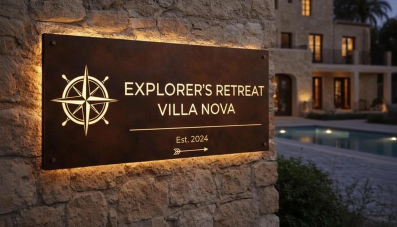 Op de afbeelding: Een rechthoekig donkerbruin metalen bord met verlichte randen gemonteerd op een stenen muur. Het bord bevat een witte kompasroosafbeelding, de tekst "EXPLORER'S RETREAT VILLA NOVA", de tekst "Est. 2024" en een kleine pijl naar rechts.