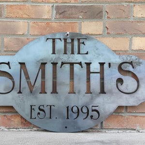 May include: A metal sign with the text "THE SMITH'S EST. 1995" cut out. The sign is a light gray color and is mounted on a brick wall. The sign has a decorative shape.