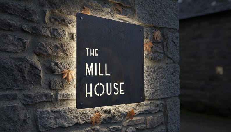 Op de afbeelding: Een vierkant, donker metalen bord met de tekst THE MILL HOUSE uitgesneden in een sjabloonlettertype. Het bord is bevestigd aan een ruwe stenen muur en heeft ge&iuml;ntegreerde achtergrondverlichting die de muur achter de metalen plaat verlicht.