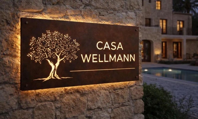 May include: A rectangular, dark, weathered metal sign with a cutout of an olive tree on the left side and the text "CASA WELLMANN" on the right. The sign is backlit with warm light, creating a glowing effect around the edges and the tree cutout.