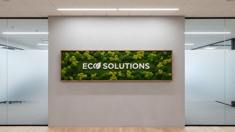 May include: A rectangular wall sign featuring a dense arrangement of preserved green moss in various shades and textures. The white text ECO SOLUTIONS is centered on the moss, with a leaf icon replacing the letter O in ECO.