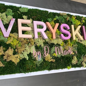 May include: A rectangular wall sign featuring a background of preserved green moss in various shades. Mounted on the moss are three-dimensional letters spelling EVERYSKIN MD in pastel colors, with a clear acrylic sign below reading by D Madhi.