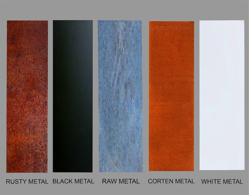 May include: Five rectangular metal samples in a row. From left to right, they are rusty metal, black metal, raw metal, corten metal, and white metal. Each sample has a different texture and color, with the names of each metal type below.