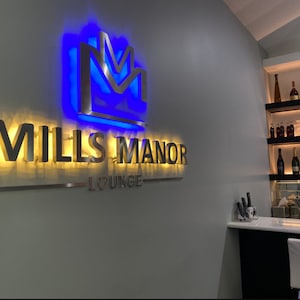May include: A sign with a blue and white crown logo and the text "MILLS MANOR LOUNGE" in gold letters. The sign is mounted on a gray wall.