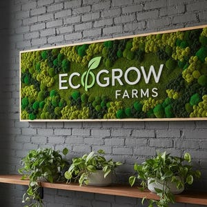 May include: A rectangular wall sign featuring a dense arrangement of preserved green moss in various shades, framed in light wood. The white text ECOGROW FARMS is centered on the moss, with a leaf icon integrated into the letter O.