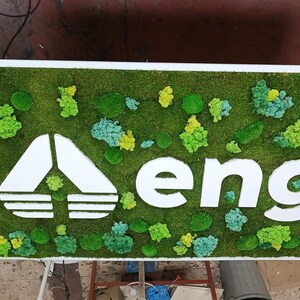 May include: A rectangular wall sign featuring a white logo and the lowercase text "eng" centered on a base of preserved green moss. The moss surface is decorated with various shades of green and light blue lichen clusters in different sizes.