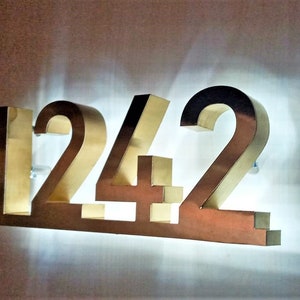 Custom LED House Number Sign: Brushed Gold Stainless Steel Address Plaque