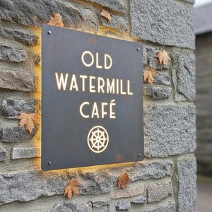 Op de afbeelding: Een vierkant, donker metalen bord met de tekst "OLD WATERMILL CAF&Eacute;" en een waterrad-icoon in lichte letters. Het bord is verlicht vanaf de achterkant, wat een warme gloed cre&euml;ert, en is bevestigd aan een ruwe, grijze stenen muur met verspreide droge bladeren.